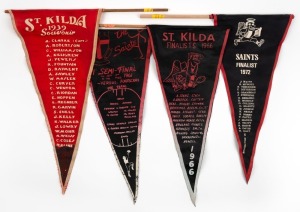 A collection of ST.KILDA supporters' pennants: "ST. KILDA 1939", 1961 "THE SAINTS 1st SEMI-FINAL versus FOOTSCRAY", "ST. KILDA FINALISTS 1966", and "SAINTS FINALIST 1972", (4 items).