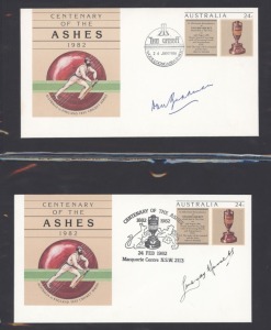 A collection of nineteen "Centenary of the Ashes" pre-stamped envelopes, each signed individually by an Australian Test Team captain, including Bradman, Hassett, Brown, Morris, Benaud, Simpson, Ina & Greg Chappell, Border and Taylor; and accompanied by another example signed by Len Hutton and a New Zealand Cricket Centenary FDC signed by Richard Hadlee. (21 items). A fine assembly.