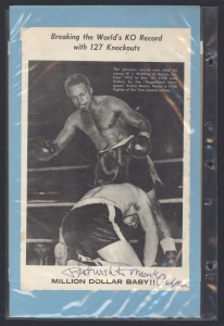 An album containing a collection of signed photographs, cards, postcards and cuttings, with the signatories including Archie Moore, Dado Marino, Sam Ichinose, Freddie Mills, Doug Miller, Rinty Monaghan, Andries Steyn, Manuel Ortiz, Danny O'Sullivan, Jim Pettengell, Willie Pep, Sugar Ray Robinson, Ken Buchanan, Arnold Taylor, Vic Toweel, Sir Roy Welensky, Nick Wolmarans, Chalky Wright, Tony Zale, and others. (qty).
