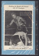 An album containing a collection of signed photographs, cards, postcards and cuttings, with the signatories including Archie Moore, Dado Marino, Sam Ichinose, Freddie Mills, Doug Miller, Rinty Monaghan, Andries Steyn, Manuel Ortiz, Danny O'Sullivan, Jim Pettengell, Willie Pep, Sugar Ray Robinson, Ken Buchanan, Arnold Taylor, Vic Toweel, Sir Roy Welensky, Nick Wolmarans, Chalky Wright, Tony Zale, and others. (qty).