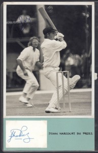 SOUTH AFRICAN CRICKETERS: A collection of autographed photographs, cuttings, cards, etc., the D - M album: Numerous examples including Eric Dalton, Dennis Dyer, John du Preez, Jacobus Duminy, Clive Halse, Bob Harvey, George Hearne, Peter Heine, Brian Irvine, Percy "Plum" Lewis, Denis Lindsay, John Lindsay, Neville Lindsay, Mike Macaulay, Jackie McGlew, Athol McKinnon, Roy McLean, Norman Mann, Percy Mansell, Lawrence "Fish" Markham, Eric Marx, Douglas Meintjes, Michael Melle, Alan Melville, etc.