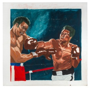 MUHAMMAD ALI STUNS GEORGE FOREMAN IN THE EIGHTH ROUND OF THEIR "RUMBLE IN THE JUNGLE" ON 30 OCTOBER 1975; original oil painting by Vivian Schwarcz, enhanced by Ali himself in the top margin. Overall 121 x 121cm.