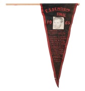 "ESSENDON FINAL 1965" supporters' pennant depicting Ken Frazer. 46cm. Essendon defeated St.Kilda in the Grand Final.&nbsp;The match, attended by 104,846 spectators, was won by Essendon by a margin of 35 points, marking that club's 12th premiership victory.&nbsp;The