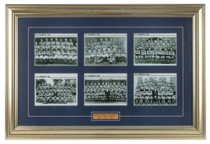 GEELONG PREMIERS: 'GEELONG FOOTBALL CLUB PREMIERS 1925, 1931, 1937, 1951, 1952, 1963' display, comprising six team portrait reprints; framed 935 x 630mm.