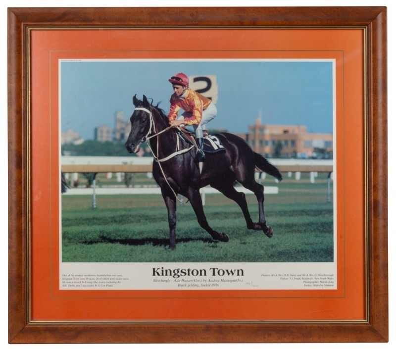 SPORTING IMAGES: Group of three images, comprising framed 675 x 590mm 'Kingston Town' with jockey Malcolm Johnston, framed 475 x 575mm 'SIR DONALD BRADMAN - AUSTRALIA - "The Greatest Cricketer of All Time", and 380 x 590mm 'AFL PREMIERS 2011' with twenty-