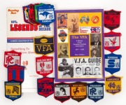 VFL: Group of twenty-seven items, comprising twenty-four team logo patches, one complete 'VFL LEGENDS OF THE DECADE' commemorative medal collection, and two books by Marc Fiddian 'Something to Crow About - A History of the Geelong West Football Club'&nbsp;and 