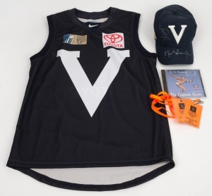 STATE OF ORIGIN: Two 1997 Crown Casino E.J.Whitten Legends Game Afterparty passes with lanyards, one 1999 'For the Memory of EJ' CD by The Music Men, one 2008 Hall of Fame Tribute Match 'Big V' jersey, and one 2008 Hall of Fame Tribute Match signed cap. (5 items)