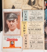 Various 1938 "Duncan's Safety Matchboxes (9) with Australian cricketers Albert Cotter "Stamina" blotter; 1957 tickets (3) to the Davis Cup; Jack Brabham signature to cover of 1970 Brands Hatch programme; Francis Bourke signature to cover of 1982 Richmond - 5