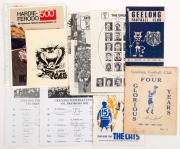 GEELONG: Booklets (3) including 'Geelong Football Club 1967', 'Four Glorious Years 1950, 1951, 1952, 1953'; 'The Cats Year Book 1969', team portrait prints and cartoon (4), plus&nbsp;A4 Geelong motorsport&nbsp;advertising reprints&nbsp;(5). (12 items)