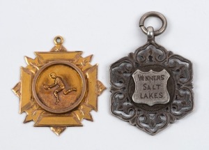 GLENELG & DISTRICT FOOTBALL PREMIERSHIP MEDALLIONS: 1899 "Salt Lakes Winners" silver fob; also 1913 9ct gold fob engraved "Glenelg District Premiers - Salt Lakes F.C. H. Penny" (2 items).