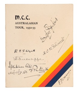 THE BODYLINE SERIES: "M.C.C. AUSTRALASIAN TOUR, 1932-33" Fixtures and Travelling Schedule booklet signed to the front cover by Jardine, Wyatt, Iftikan Ali of Pataudi, Sutcliffe, Warner and Palairet (the tour managers). Provides all dates and locations, a map of the ocean voyages, postal information, etc. Not a format we have seen before.