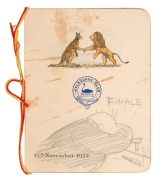 THE BODYLINE SERIES: A Melbourne Club menu with the front cover dated 12th November 1932 and featuring a kangaroo and a lion shaking paws; enhanced with a pencil sketch by Arthur Mailey titled "Finale"; the inside covers further illustrated with two caric