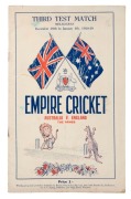 "THIRD TEST MATCH - MELBOURNE - December 29th to January 4th, 1928-29 EMPIRE CRICKET" programme&nbsp;published by A.E. Spring, High Street, Windsor; 40pp plus coloured covers. Extremely scarce. Although Australia lost this match and the Series, Don Bradman ann