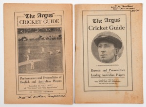 1928-29 "The Argus Cricket Guide. Performances and Personalities of English and Australian Players - Complied by Old Boy of The Argus and The Australian" endorsed "with the Author's Compliments", 16pp with images, printed by Wilson and Mackinnon, Melbourne. Together with the 1929-30 edition, similarly endorsed. (2 items). Rare.