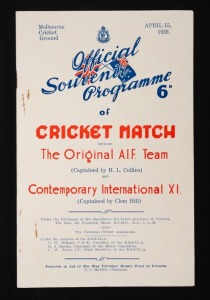 Rare 1939 programme, 'Official Souvenir Programme of Cricket Match between The Original A.I.F. Team (Captained by H.L. Collins) and Contemporary International XI (Captained by Clem Hill), Melbourne Cricket Ground, April 15, 1939'; 32pp plus covers. The players involved included Oldfield, Gregory, Pellew, Kellaway, Mailey, Kippax, Grimmett and Ponsford.