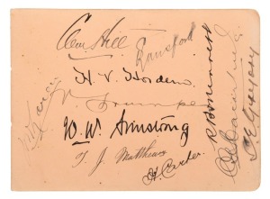 AUSTRALIA vs ENGLAND 1911-12 in AUSTRALIA: A page from an autograph book owned by Geoffrey Austin Street (1894 - 1940), who would become Minister for the Army, Repatriation and Defence in 1939-40, featuring the Australian team, including Trumper, Hill, Armstrong, Ransford, Carter, Matthews, Hordern and Gregory.