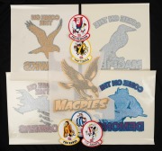 AMPOL 1973 club stickers for The Tigers, The demons, The Saints, The Hawks and The Kangaroos; together with 1983 large-format decals (by Walsh/Flexi) for the Magpies (2 types), the Bombers, the Demons, and the Hawks. (10 items).