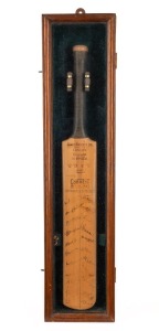ENGLAND vs AUSTRALIA - 3rd TEST, M.C.G. January 1937: A miniature James Cobbett Super Test bat, dated 1.1.1937 and signed to the front of the blade by the 22 cricketers who appeared in that Test Match, which was won by Australia by 365 runs. The bat is signed in the ownership position by "R.W.V.R.", Walter Robins, who made a duck and 61 in his two innings in this match. He also took 2 Australian 1st innings wickets. While the signatures are somewhat faded they are all legible.