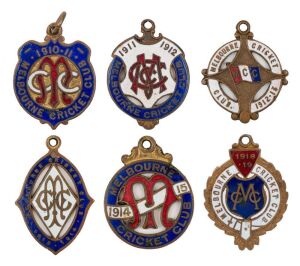 MELBOURNE CRICKET CLUB: Membership fobs for 1910-11, 1911-12, 1912-13, 1913-14, 1914-15 and 1918-19, all in very good condition, (6).