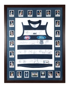 2011 Geelong Premiership team fully-signed jersey attractively framed and glazed together with a set of collector cards depicting the individual members of the team. With c of a. Overall 118 x 94cm