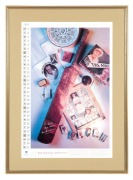 March 1993 calendar poster featuring Don Bradman's career, with original signature and dedication from Don Bradman; framed & glazed, overall 80 x 58cm.