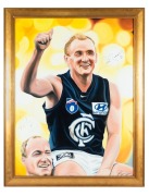 CRAIG BRADLEY being carried aloft after his last game for Carlton in 2002 with Andrew McKay visible in the lower left corner; signed by both players and the artist, A. Pavlou, and dated 2002; framed, overall 116 x 90cm
