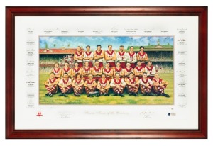 "SWANS Team of the Century" Limited edition (176/200), signed by the artist Jamie Cooper, and with the original signatures of all 17 living Swans legends, together with the facsimile&nbsp;signatures who were no longer alive. With C of A verso; framed & glazed.