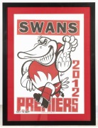 South Melbourne/Sydney Swans: Five framed & glazed presentations, including 2005 Weg poster, 2012 Weg poster, a South Melbourne legends Weg poster, and two collector cards displays; various sizes - 2