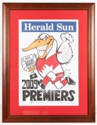 South Melbourne/Sydney Swans: Five framed & glazed presentations, including 2005 Weg poster, 2012 Weg poster, a South Melbourne legends Weg poster, and two collector cards displays; various sizes - 3