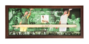 "GLENN McGRATH - RESPECT ABILITY" display combining action photographs from McGrath's career together with a signed full sized stump. Number 92 from a limited edition of 200. Accompanied by a PWC CofA. Framed and glazed, 41 x 96cm overall.