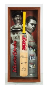 "MASTER STROKE": Display combining a full size MRF cricket bat signed by Brian Lara, Sachin Tendulkar and Steve Waugh with photographs of the three great batsmen and details of their careers. Accompanied by a PWC CofA, numbered 2/100. Attractively framed and glazed, 105 x 51cm overall.