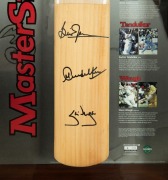 "MASTER STROKE": Display combining a full size MRF cricket bat signed by Brian Lara, Sachin Tendulkar and Steve Waugh with photographs of the three great batsmen and details of their careers. Accompanied by a PWC CofA, numbered 2/100. Attractively framed - 2