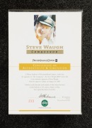 "STEVE WAUGH - CONQUEROR": Display featuring a full size Conqueror MRF cricket bat signed by Waugh, together with details of his career and photographs. Accompanied by a PWC CofA, numbered 233/335. Attractively framed and glazed, 108 x 51cm overall. - 5