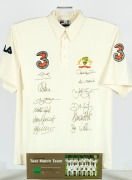 "THE AUSTRALIAN TEST MATCH TEAM - AUSTRALIA V INDIA TEST SERIES&nbsp;2003/2004", limited edition, produced by the Australian Cricket Board, with an official Australian short sleeved shirt bearing the Australian coat-of-arms embroidered in silk, the "3" sponsor - 2