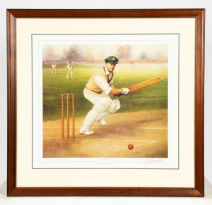 DON BRADMAN: Print "Boundary Bound - Sir Donald Bradman" by d'Arcy Doyle, signed by Don Bradman and the artist, limited edition 591/1500, window mounted, framed & glazed, overall 82 x 86cm.
