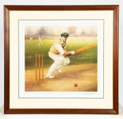 DON BRADMAN: Print "Boundary Bound - Sir Donald Bradman" by d'Arcy Doyle, signed by Don Bradman and the artist, limited edition 591/1500, window mounted, framed & glazed, overall 82 x 86cm.