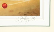 DON BRADMAN: Print "Boundary Bound - Sir Donald Bradman" by d'Arcy Doyle, signed by Don Bradman and the artist, limited edition 591/1500, window mounted, framed & glazed, overall 82 x 86cm. - 4