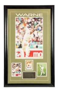 A Shane Warne signed 2004/05 ESP Signature Series card, attractively mounted together with action photographs and a plaque describing his career; framed and glazed, overall 89 x 56cm.