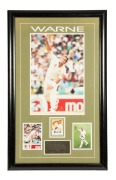 A Shane Warne signed 2004/05 ESP Signature Series card, attractively mounted together with action photographs and a plaque describing his career; framed and glazed, overall 89 x 56cm.