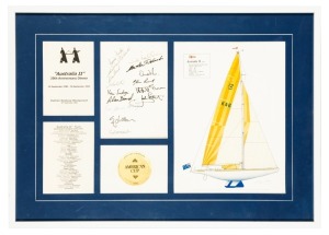 "AUSTRALIA II" 20th Anniversary Dinner, 26th September 2003: a souvenir framed display featuring the original autographs of Alan Bond (Syndicate Chairman), Sir James Hardy (Sailing Adviser/Alternate Helmsman), John Fitzhardinge (Yacht Rigger), Newton Robe