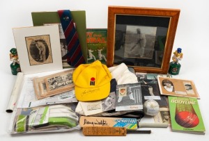 A collection remainder including signed pictures, some cards, cuttings, a signed cap, signed mini bats, and various other pieces of memorabilia. Untidy but worth inspecting.