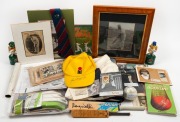 A collection remainder including signed pictures, some cards, cuttings, a signed cap, signed mini bats, and various other pieces of memorabilia. Untidy but worth inspecting.