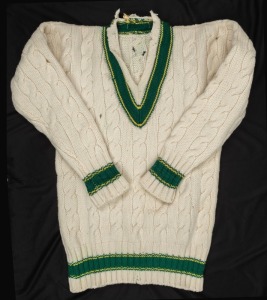 An Australian Test Team long sleeved jumper, circa 1953. Believed to have been worn by Bill Johnston during the Test Series against South Africa, 1952-53.
