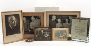 WALTER LINDRUM and SIR ROBERT MENZIES: Fascinating group comprising of a photograph of Menzies with hand-written dedication to Walter Lindrum, signed and dated 1953, a signed Prime Ministerial letter from Menzies to Lindrum, a sterling silver ashtray engraved with Robert Menzie's signature, four assorted framed photographs of Menzies with Lindrum and a Prime Ministerial matchbook. (8 items).