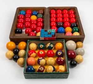 Assorted billiard and snooker balls plus billiard chalk from Walter Lindrum's billiard room in Albert Park, Melbourne (qty).