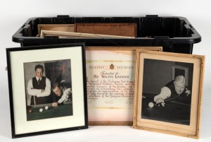 Assorted framed photographs and certificates from WALTER LINDRUM'S billiard room in Albert Park, Melbourne. Several examples with signed endorsements including Greg Norman and Eddie Charlton. (29 items).