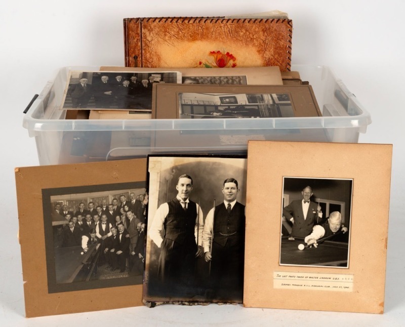 WALTER LINDRUM: Large accumulation of assorted photographs including an attractive notated album documenting Lindrum's trip to Asia and several photographs of Exhibition matches. Inspection will reward. (Qty).