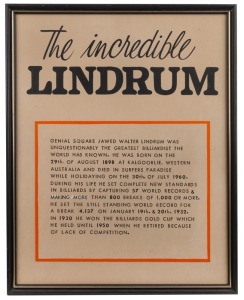 WALTER LINDRUM: Five assorted framed posters and displays. The largest 62 x 50cm overall.