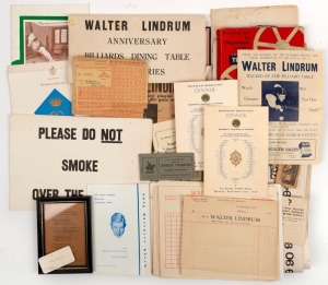 WALTER LINDRUM: An interesting collection of assorted ephemera, movie reel, posters, etc. Discovered in Walter Lindrum's billiard room at his home in Albert Park, Melbourne. Inspection will reward.