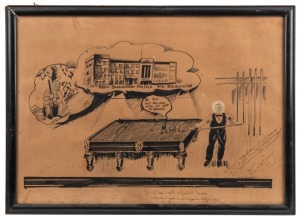 WALTER LINDRUM: Three assorted original cartoon artworks framed together with Lindrum associated photographs and telegrams included within displays, including a tipped in letter from Prime Minister Robert Menzies. (3 items). The largest 61 x 76cm overall.